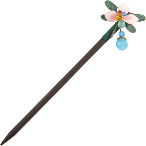 Ethnic Handmade Pink Petals Flower  Dragonfly Wooden Hair Sticks with Stone Dangle Hairpin for Women Headpiece FZ-18034