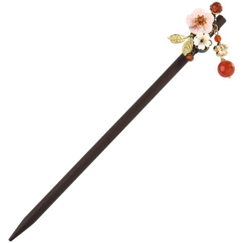 Ethnic Shell Flower Hair Sticks Copper Flower Pieces With Red Stone Wooden Hairpins For Women Head Decoration FZ-18056-2