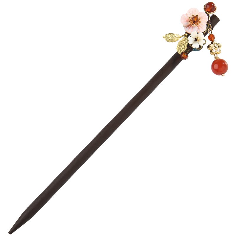 Ethnic Shell Flower Hair Sticks Copper Flower Pieces With Red Stone Wooden Hairpins For Women Head Decoration FZ-18056-2
