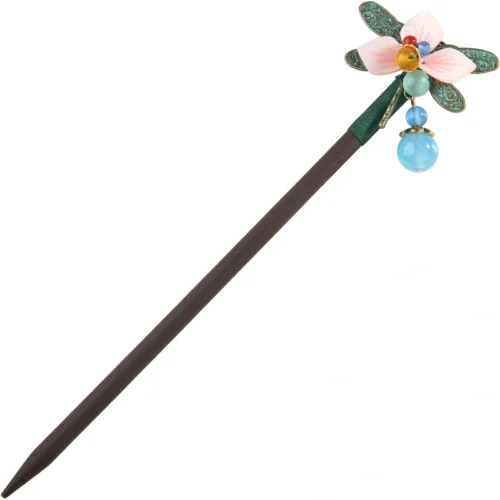 Ethnic Handmade Pink Petals Flower  Dragonfly Wooden Hair Sticks with Stone Dangle Hairpin for Women Headpiece FZ-18034