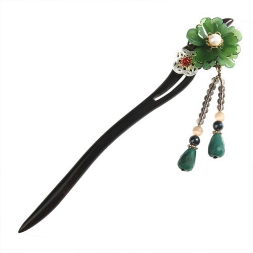 Handmade Green Flower wood Hair Sticks White Hollow Shell Disk Glass Opal Dangle Hairpin for Women Headpiece FZ-18113