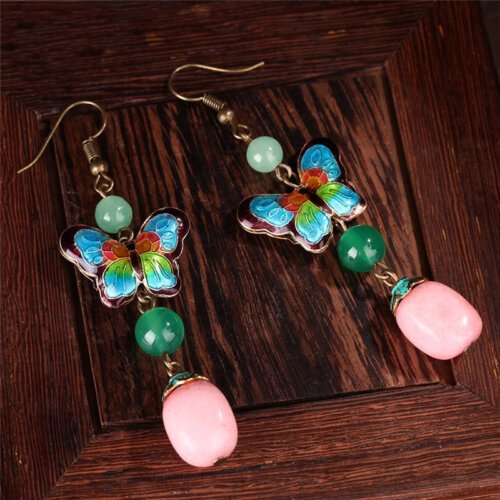 Cloisonne Butterfly Drop Long Earrings for Women,Retro Ethnic Jewelrys,Women Jewellery