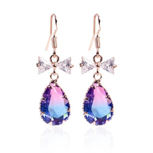 Fashion women's earrings, long colorful trendy crystal earrings, elegant bow tie shaped super sparkling diamonds