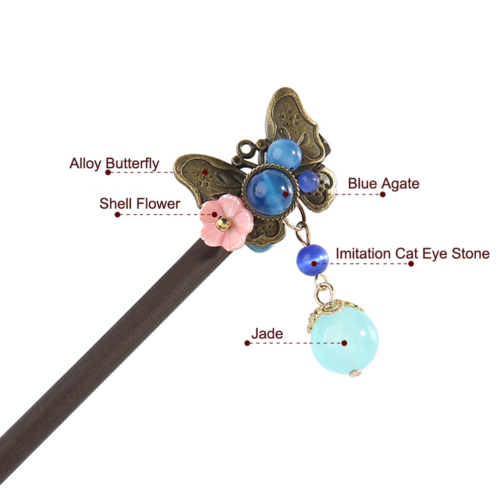 Vintage Alloy Butterfly Hairpins Dangle Cat Eyes Stone Shell Flower Women Wooden Hair Sticks Bridal Jewelry FZ-18052-1