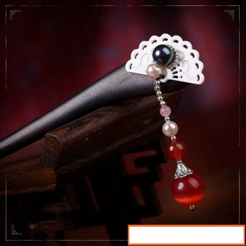 Ethnic Handm Tassel Hair Stcks Black And Ebony Red Stone Bead  Black Shell Bead Sector Shell Womn Jewelry FZ-17020