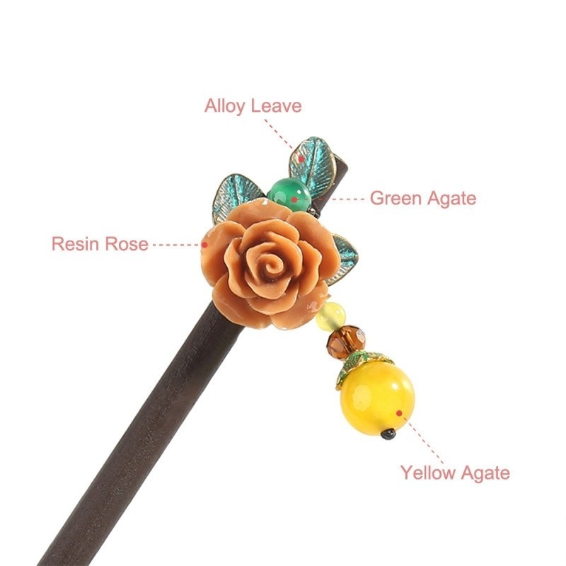 Vintage Resin Rose Hair Sticks Alloy Leaves Dangle Yellow Beads Wooden Hairpins Women Bridal Hair Jewelry FZ-18044-1
