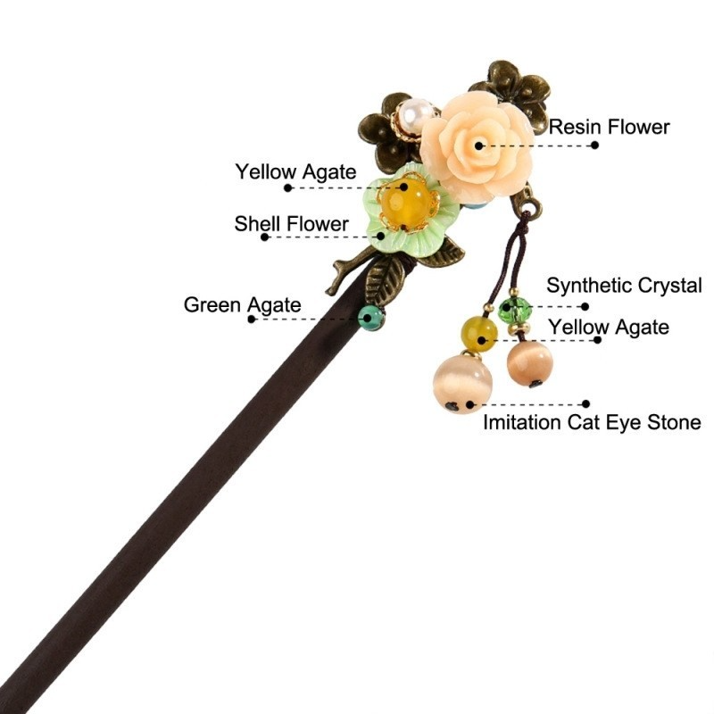 Resin Rose Flower Hair Sticks Dangle Cat Eyes Stone Shell Flower Hairpins For Women Female Hair Accessories FZ-18048-2
