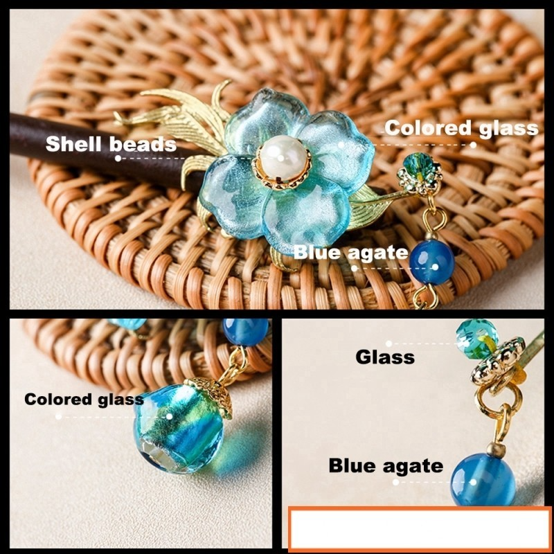 Ethnic Tassel Handmade Colored Glass Flower Shell Beads Blue Stone Hair Sticks Wood Zinc Alloy Woman AccessoriesFZ190105