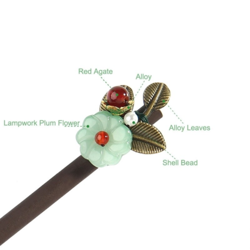 Ethnic Plum Flower Hair Sticks For Women Alloy Leaf Shell Bead Wooden Hairpins Headdress Jewelry Accessories FZ-18051-1
