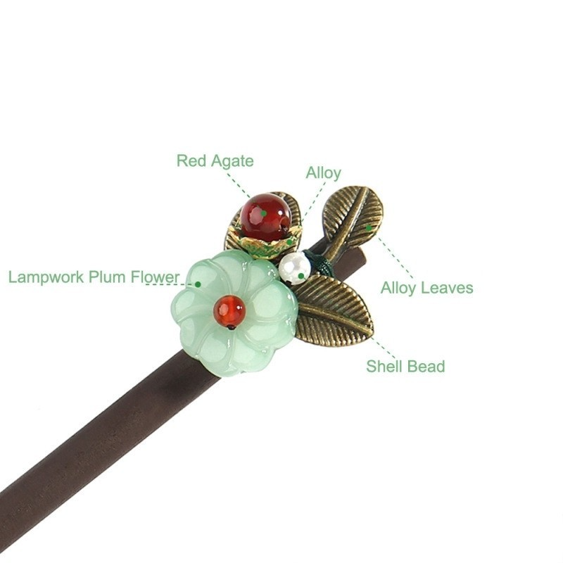 Ethnic Plum Flower Hair Sticks For Women Alloy Leaf Shell Bead Wooden Hairpins Headdress Jewelry Accessories FZ-18051-1