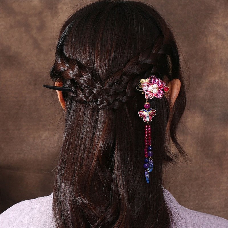 Ethnic Handmade Wood Pink Flower Hair Sticks Hair Jewelry Drop butterfly Lampwork Leaf Vintage Hair Accessories FZ-18023