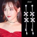 Sterling Silver Stud Earrings, Korean Style Long Flower Earrings, Tassel Earrings for Ladies