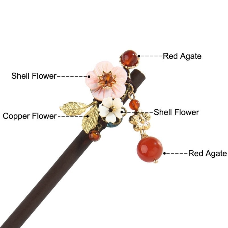 Ethnic Shell Flower Hair Sticks Copper Flower Pieces With Red Stone Wooden Hairpins For Women Head Decoration FZ-18056-2