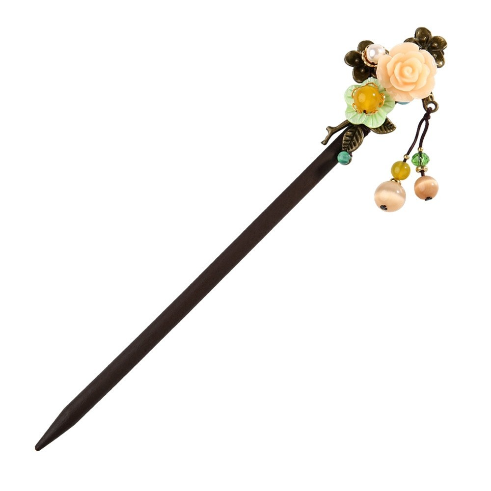 Resin Rose Flower Hair Sticks Dangle Cat Eyes Stone Shell Flower Hairpins For Women Female Hair Accessories FZ-18048-2