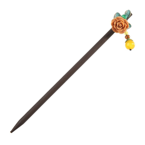 Vintage Resin Rose Hair Sticks Alloy Leaves Dangle Yellow Beads Wooden Hairpins Women Bridal Hair Jewelry FZ-18044-1