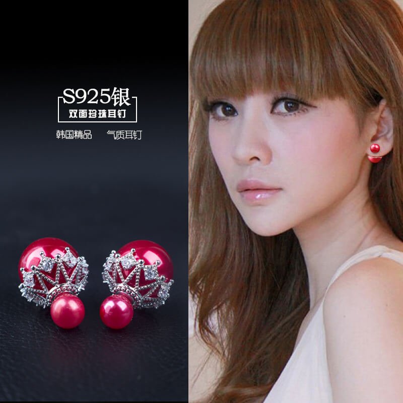2 Colors-Red White Double-sided Pearl Earrings, S925 Silver Earrings for Women, Fashion Jewelry, Ear Studs