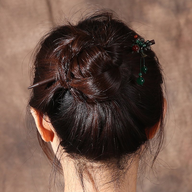 Ethnic Handmade Wood Bronze Plated Tree Hair Sticks with Red Green Agat Hair Sticks for Women Hair Accessories FZ-18028