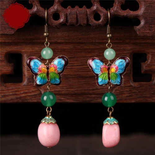 Cloisonne Butterfly Drop Long Earrings for Women,Retro Ethnic Jewelrys,Women Jewellery
