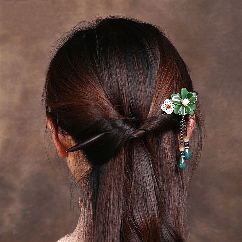 Handmade Green Flower wood Hair Sticks White Hollow Shell Disk Glass Opal Dangle Hairpin for Women Headpiece FZ-18113