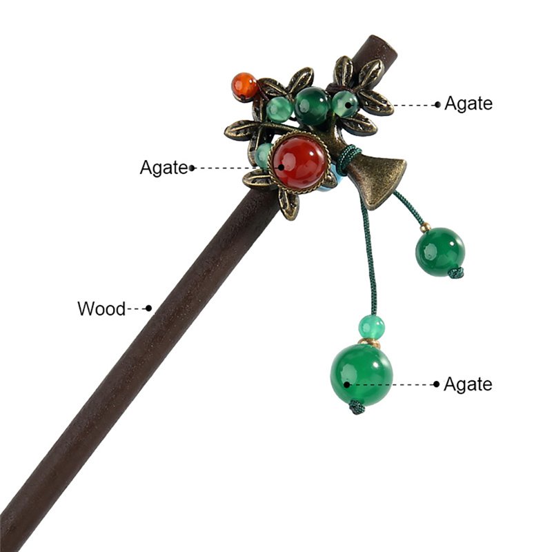 Ethnic Handmade Wood Bronze Plated Tree Hair Sticks with Red Green Agat Hair Sticks for Women Hair Accessories FZ-18028
