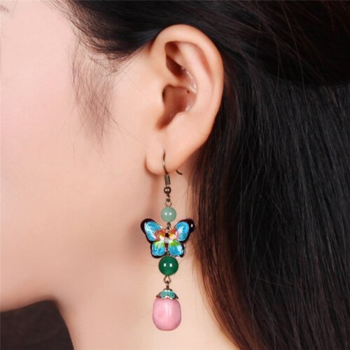 Cloisonne Butterfly Drop Long Earrings for Women,Retro Ethnic Jewelrys,Women Jewellery