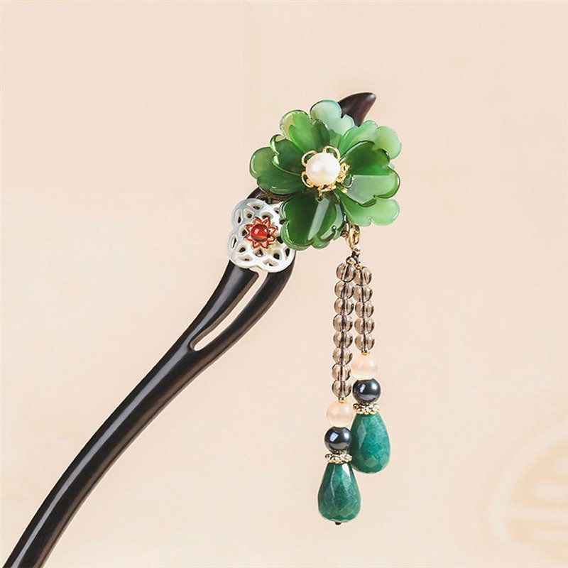 Handmade Green Flower wood Hair Sticks White Hollow Shell Disk Glass Opal Dangle Hairpin for Women Headpiece FZ-18113