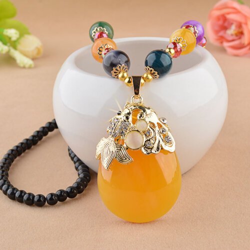 Fashion women's necklace,Ethnic Style Goldfish Drop Sweater Chain, Long Money Chain Imitation Beeswax Pendant, Clothes Ornaments, Pendants