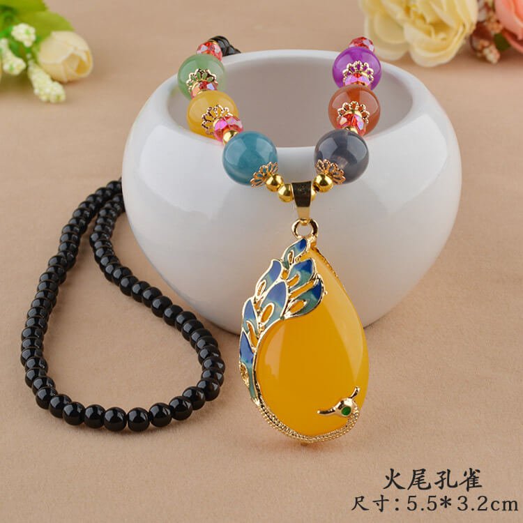 Fashion women's necklace,Ethnic Style Goldfish Drop Sweater Chain, Long Money Chain Imitation Beeswax Pendant, Clothes Ornaments, Pendants