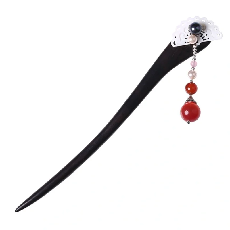 Ethnic Handm Tassel Hair Stcks Black And Ebony Red Stone Bead  Black Shell Bead Sector Shell Womn Jewelry FZ-17020