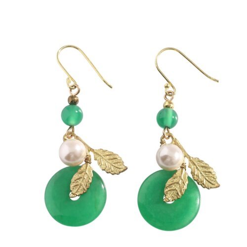 Gold Alloy Leaves Green Round Dangle Earring Woman Jewelry,Luxury Jewelry, Trendy Women's Earrings, Long Vintage Ethnic Style Earrings for Women
