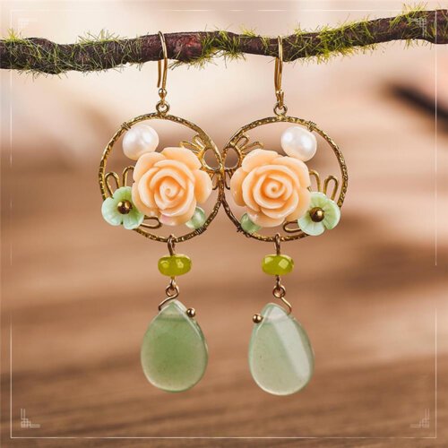 Pink Resin Flower Earring ,Luxury Jewelry, Trendy Women's Earrings, Long Vintage Ethnic Style Earrings for Women