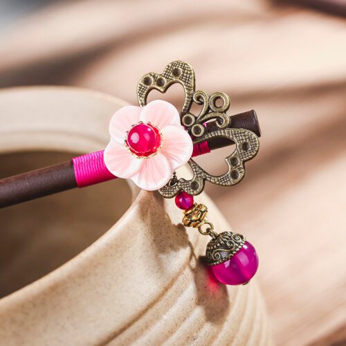 Ethnic Handmad Shell Flower Hollow Butterfly Wooden Hair Sticks for Women Accessories Hair Jewelry with dangle FZ-18030