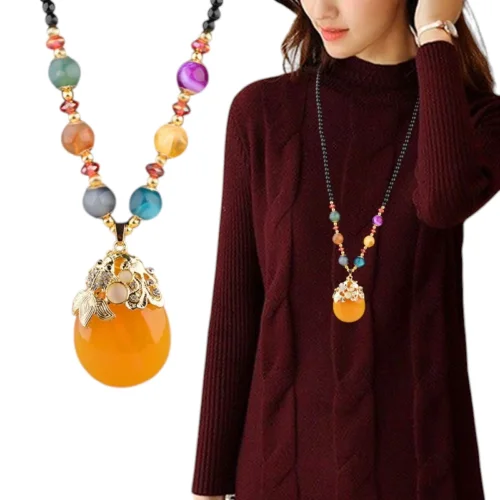 Fashion women's necklace,Ethnic Style Goldfish Drop Sweater Chain, Long Money Chain Imitation Beeswax Pendant, Clothes Ornaments, Pendants