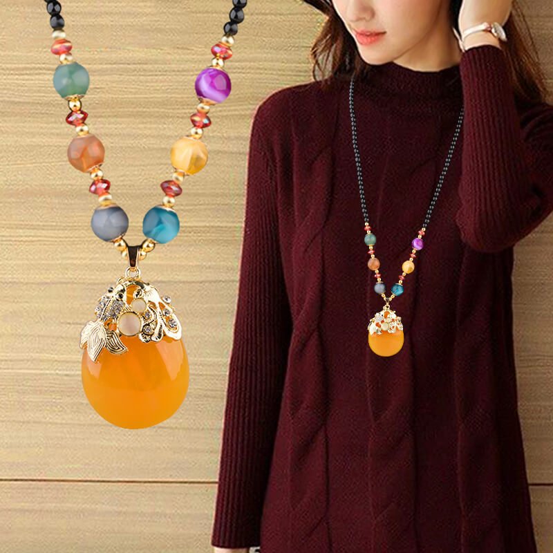Fashion women's necklace,Ethnic Style Goldfish Drop Sweater Chain, Long Money Chain Imitation Beeswax Pendant, Clothes Ornaments, Pendants