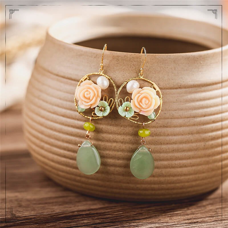 Pink Resin Flower Earring ,Luxury Jewelry, Trendy Women's Earrings, Long Vintage Ethnic Style Earrings for Women