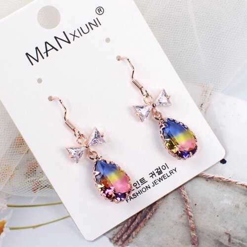 Fashion women's earrings, long colorful trendy crystal earrings, elegant bow tie shaped super sparkling diamonds