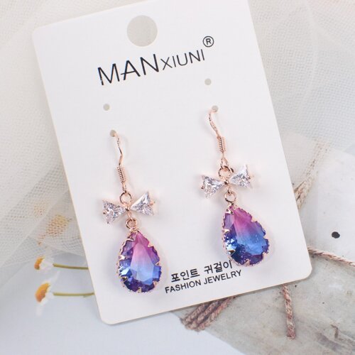 Fashion women's earrings, long colorful trendy crystal earrings, elegant bow tie shaped super sparkling diamonds