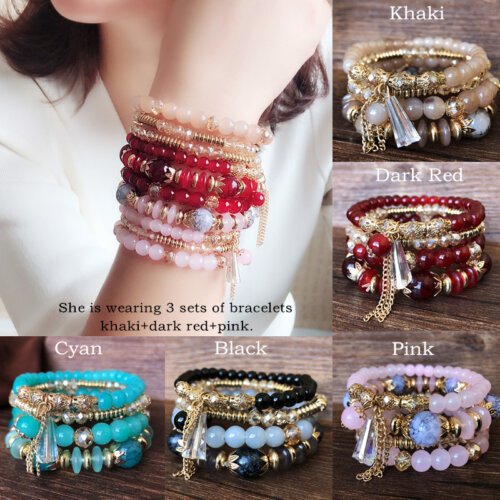 6 Colours Bohemian Hand Bracelet, Multi-layer Bead Crystal Bracelet for Ladies