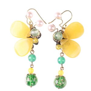 Yellow-J-ade-Petal-Green-Glass-Bead-Dangle-Earring-Pink-Shell-Bead-Fashion-Ethnic-Handmade-Female New Korean Version of 925 Silver Earrings, Ladies Fashion Diamond Earrings