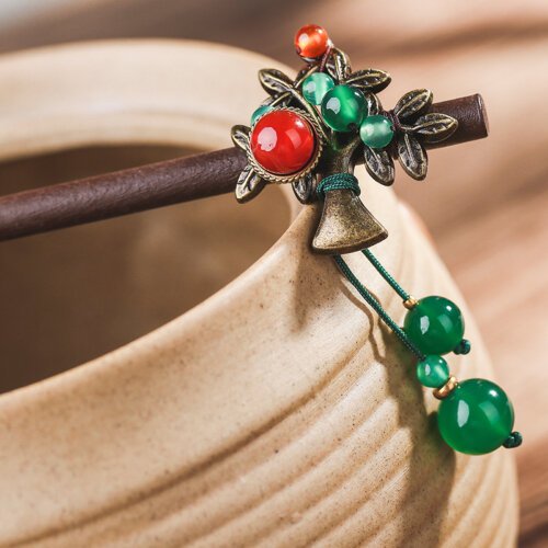 Ethnic Handmade Wood Bronze Plated Tree Hair Sticks with Red Green Agat Hair Sticks for Women Hair Accessories FZ-18028