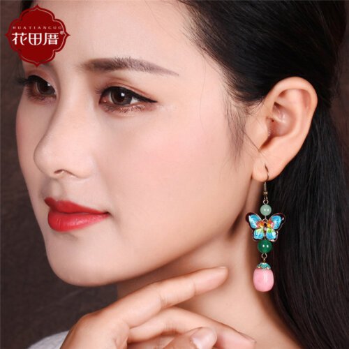 Cloisonne Butterfly Drop Long Earrings for Women,Retro Ethnic Jewelrys,Women Jewellery