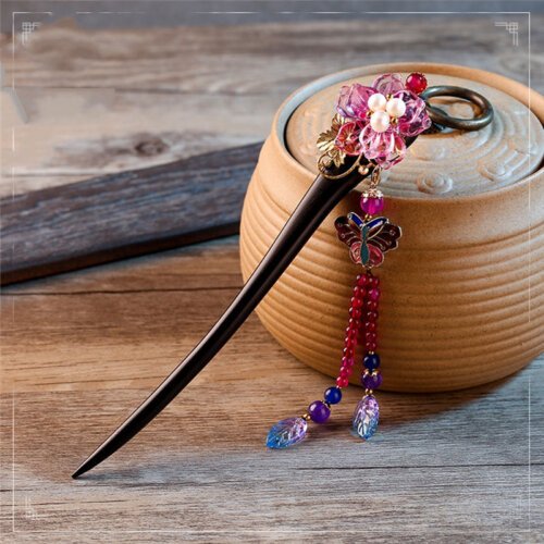 Ethnic Handmade Wood Pink Flower Hair Sticks Hair Jewelry Drop butterfly Lampwork Leaf Vintage Hair Accessories FZ-18023