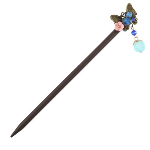 Vintage Alloy Butterfly Hairpins Dangle Cat Eyes Stone Shell Flower Women Wooden Hair Sticks Bridal Jewelry FZ-18052-1