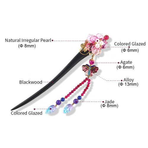 Ethnic Handmade Wood Pink Flower Hair Sticks Hair Jewelry Drop butterfly Lampwork Leaf Vintage Hair Accessories FZ-18023