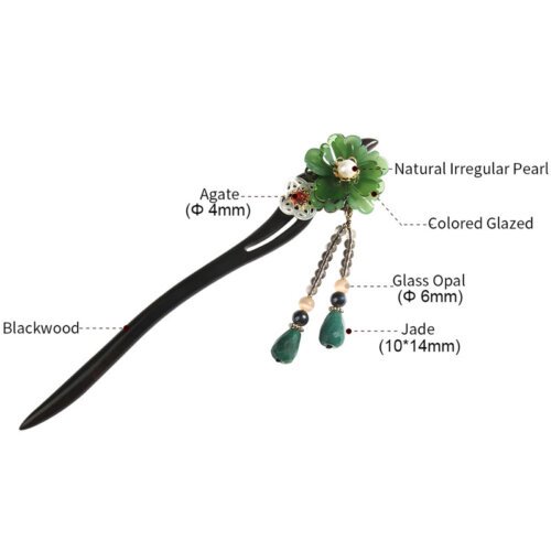 Handmade Green Flower wood Hair Sticks White Hollow Shell Disk Glass Opal Dangle Hairpin for Women Headpiece FZ-18113