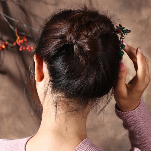 Ethnic Handmade Wood Bronze Plated Tree Hair Sticks with Red Green Agat Hair Sticks for Women Hair Accessories FZ-18028