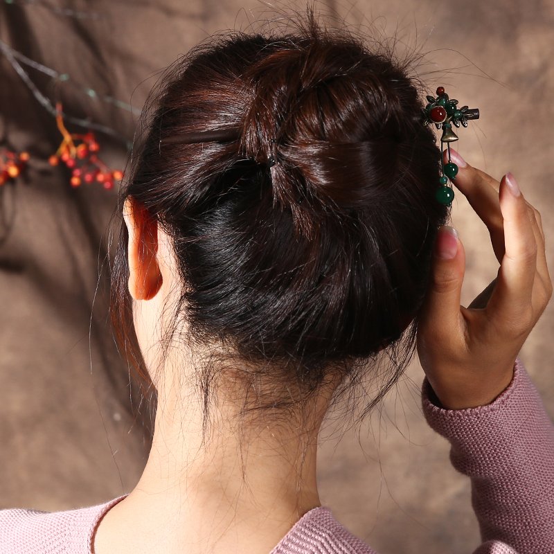 Ethnic Handmade Wood Bronze Plated Tree Hair Sticks with Red Green Agat Hair Sticks for Women Hair Accessories FZ-18028