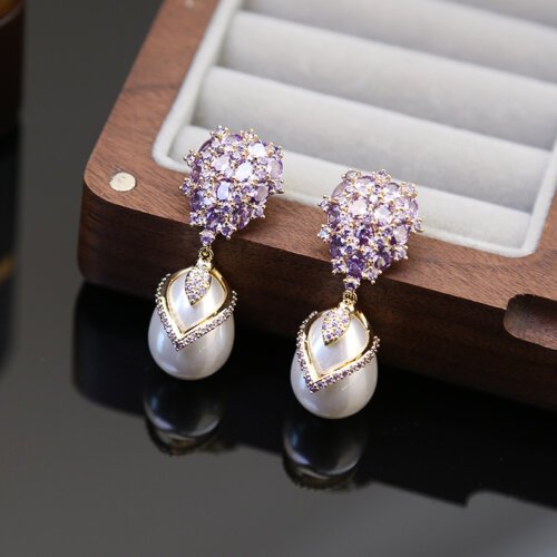 Women's earrings, Ear Studs, Luxury Jewelry, S925 Silver Needle Zircon Droplet Shaped Pearl Earrings, Fashion Retro Earrings for Women