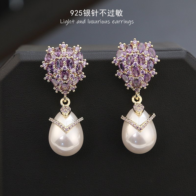 Women's earrings, Ear Studs, Luxury Jewelry, S925 Silver Needle Zircon Droplet Shaped Pearl Earrings, Fashion Retro Earrings for Women