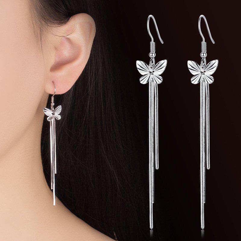 Korean Fashion Butterfly Tassel Earrings, Women's Long Silver Plated Earrings,Fashion Jewelry, Women Earrings, Stud Earrings